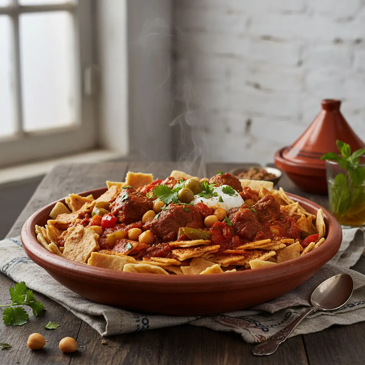 Chakhchoukha (torn semolina flatbread in tomato-lamb stew)