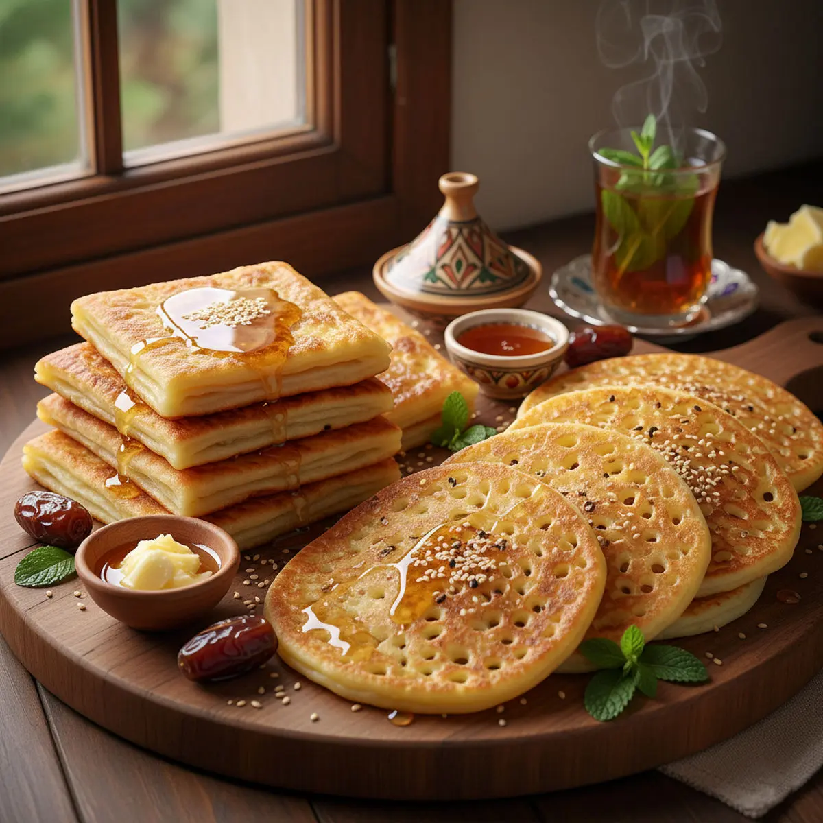 Msemmen & Baghrir (layered pan-fried squares; leavened “thousand-hole” crêpes)