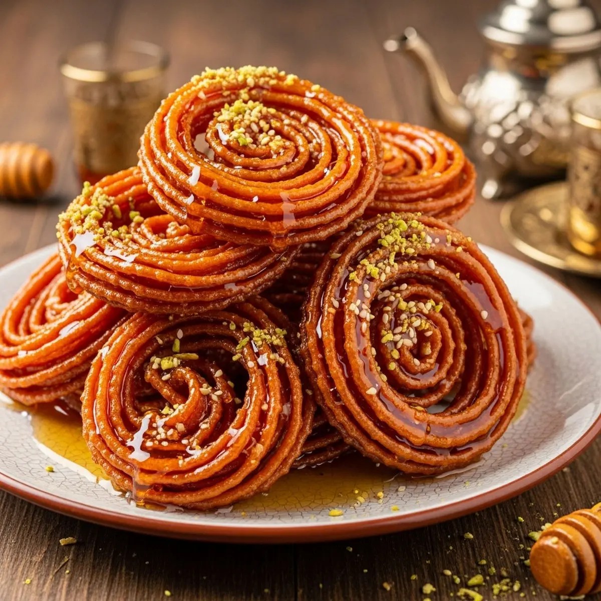 Zlabia (intricate honey-soaked fritters, especially during Ramadhan)