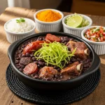 Feijoada Angolana – สตูว์ถั่วดำ มักผสมเนื้อรมควันแห้ง ใบมันสำปะหลัง และน้ำมันปาล์ม