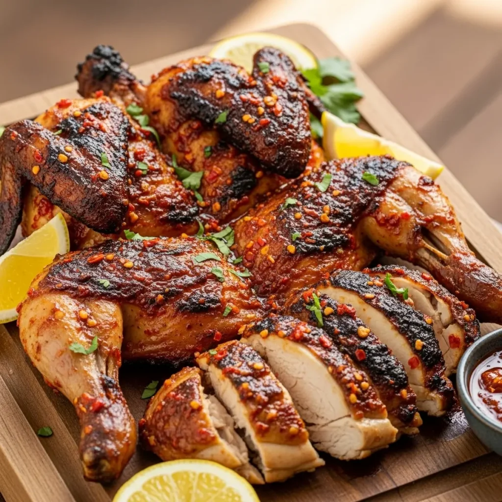 Galinha Grelhada à Cafrial – Frango grelhado marinado em pimentas, alho e limão, depois grelhado na brasa (primo do frango piri-piri de Moçambique)