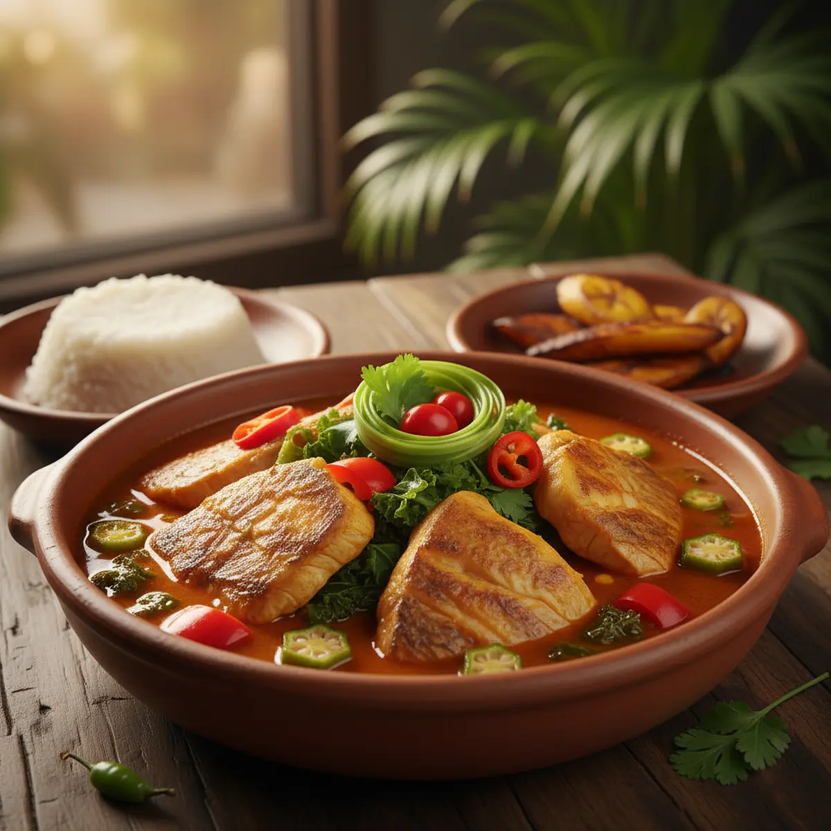 Muamba de Peixe – Same palm-oil base as the chicken version but made with firm fish such as tilapia or garoupa