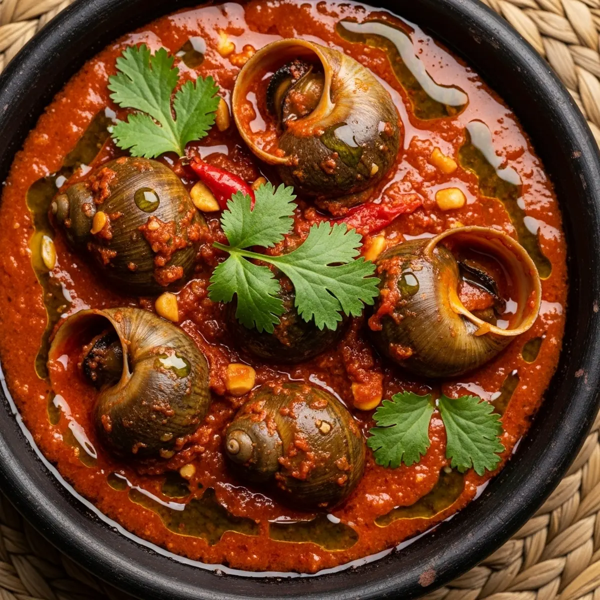 Nguri Búzio – Acılı fıstık sosunda pişirilmiş nehir salyangozları (1)