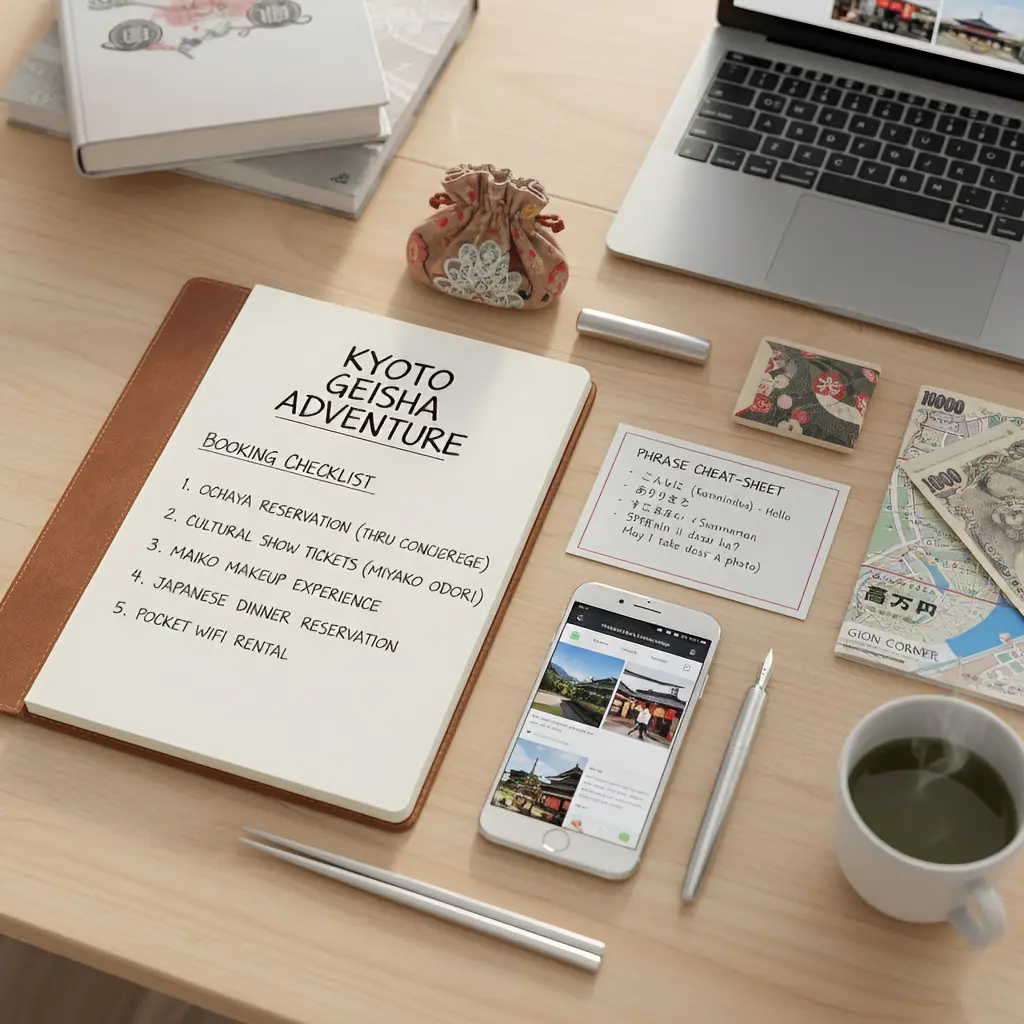 Praktyczna lista kontrolna rezerwacji dodatku, ściągawka ze zwrotami, zasoby - Dzień z życia gejszy w Kioto